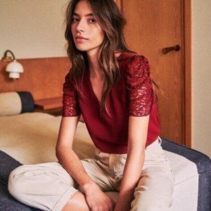 Sezane Colette Blouse Burgundy Lace Sleeves Sz 6